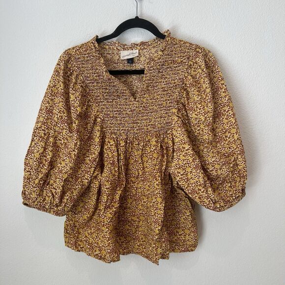 Universal Thread Tops - Universal Thread Womens Yellow Smocked Floral Peasant Blouse Small Boho Prairie